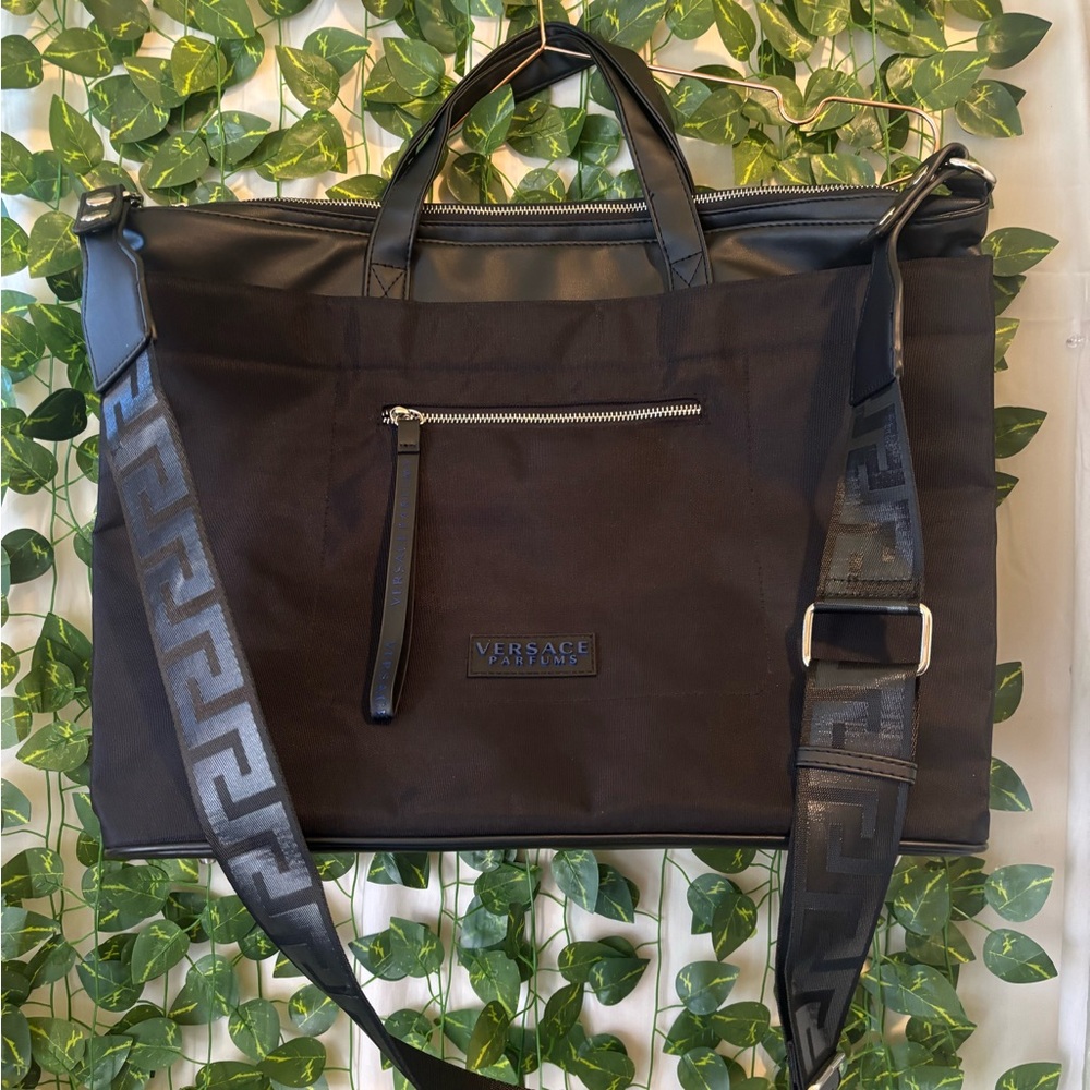 Versace Jeans Collection Black Nylon Laptop Tote with Signature Strap